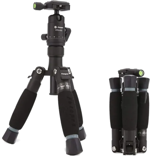 Fotopro X-Aircross 1 product illustration of the tripod standing with legs folded and another with legs folded in.