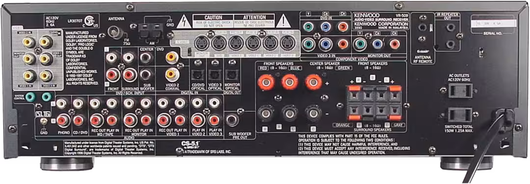 Back view of the Kenwood AV VR-509 receiver.