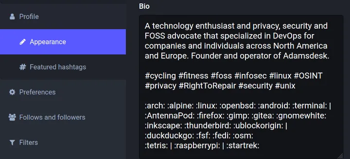 Mastodon edit profile screen with bio example that includes emojis.