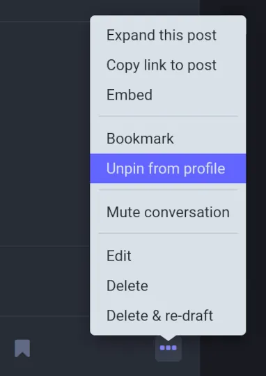 Illustrating how to remove a pinned post (toot) to a Mastodon profile.