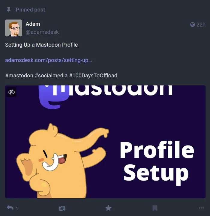 Mastodon profile with a pinned post (toot).