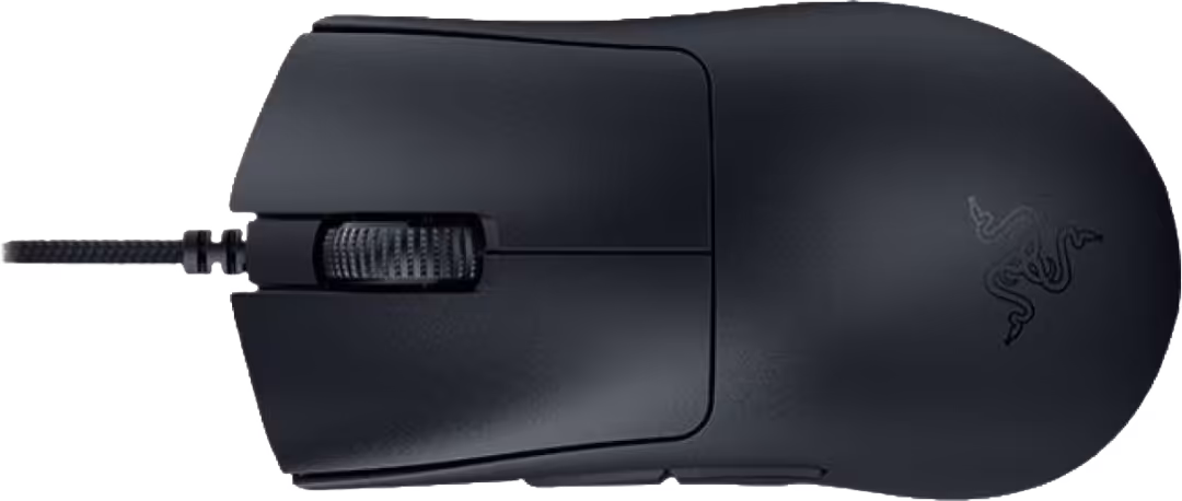 An over top view of a Razer DeathAdder V3 black wired computer mouse. Visible at the base is the Razer logo made up of three snakes forming a triskelion along with the left button, right button and a scroll wheel.