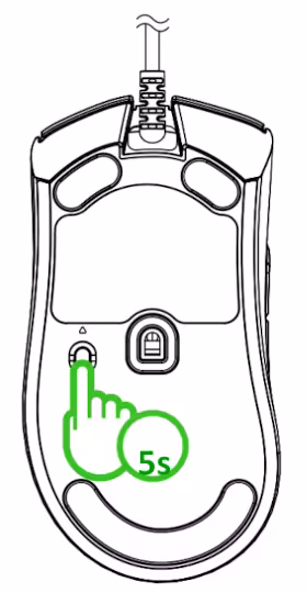 Bottom view of the Razer DethAdder V3 mouse presenting a black outline on a white background with a green outlined finger indicating to press and hold for five seconds on the DPI cycle / Polling rate button located at the middle left of the device to change polling rate.