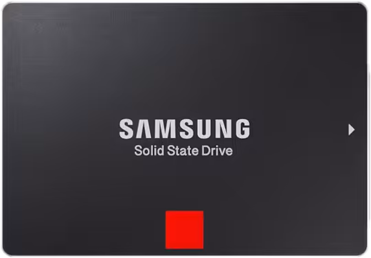 The front view of a rectangular shaped SSD computer storage drive coloured in black with white text of 'Samsung Solid State Drive' in the middle and at the bottom a solid red square.